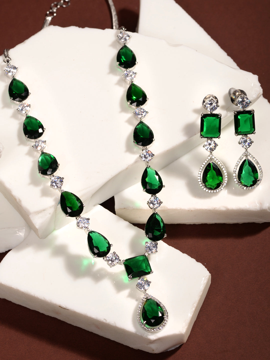 Silver Toned Green AD studfded designer Necklace Jewellery Set, zaveri pearls, sale price rs, sale price, sale gold plated, sale gold, sale, rubans, ring, regular price, priyassi jewellery, k